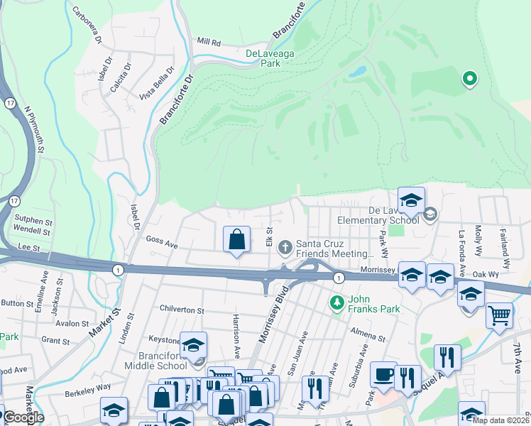map of restaurants, bars, coffee shops, grocery stores, and more near 230 Delaveaga Park Drive in Santa Cruz