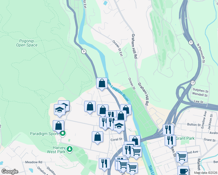 map of restaurants, bars, coffee shops, grocery stores, and more near 1348 River Street in Santa Cruz