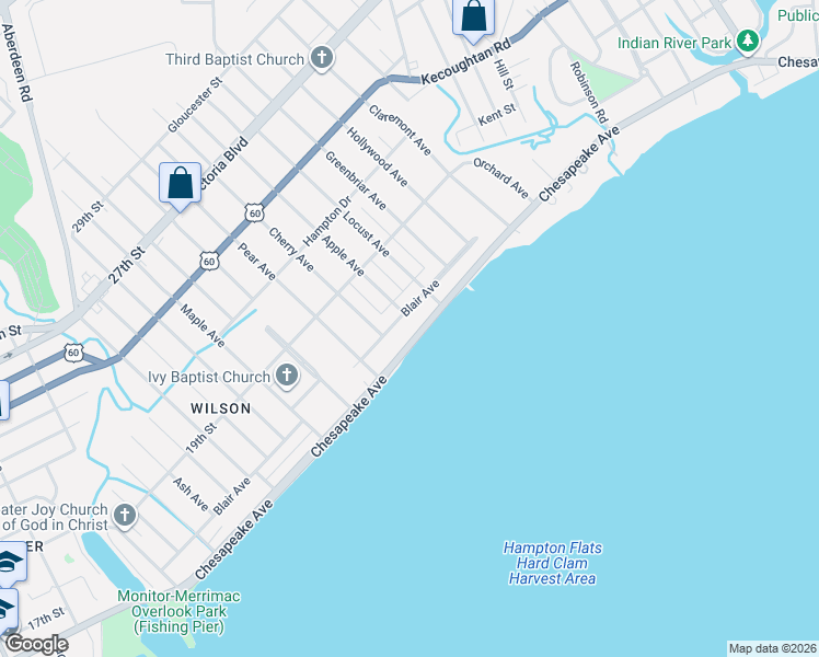 map of restaurants, bars, coffee shops, grocery stores, and more near 907 Chesapeake Avenue in Hampton
