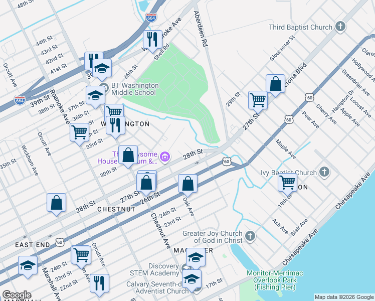 map of restaurants, bars, coffee shops, grocery stores, and more near 2800 Parish Avenue in Newport News