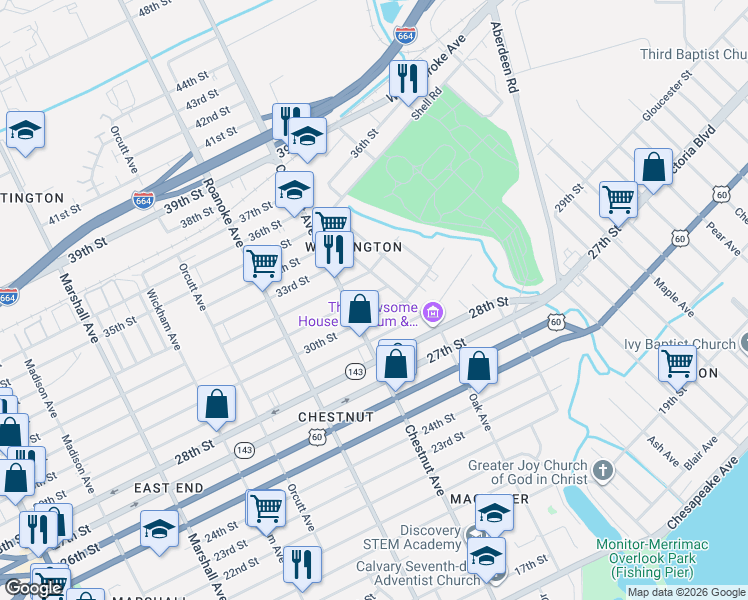 map of restaurants, bars, coffee shops, grocery stores, and more near 1236 31st Street in Newport News