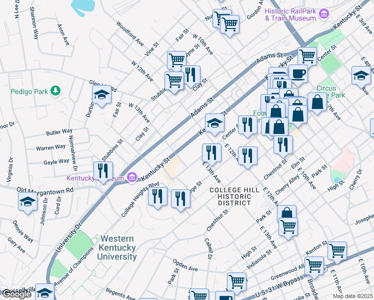 map of restaurants, bars, coffee shops, grocery stores, and more near 1244 Kentucky Street in Bowling Green