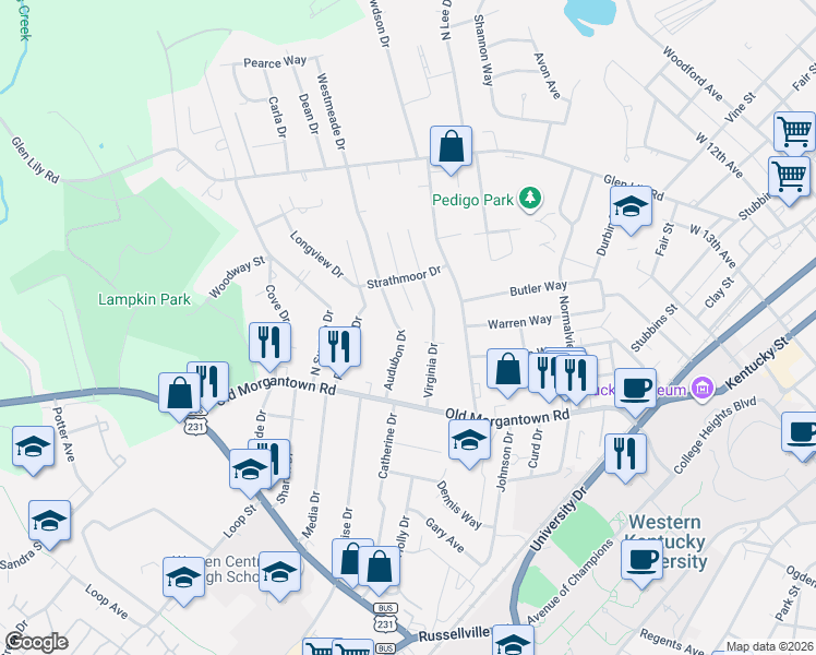 map of restaurants, bars, coffee shops, grocery stores, and more near 1525 Lynhurst Drive in Bowling Green