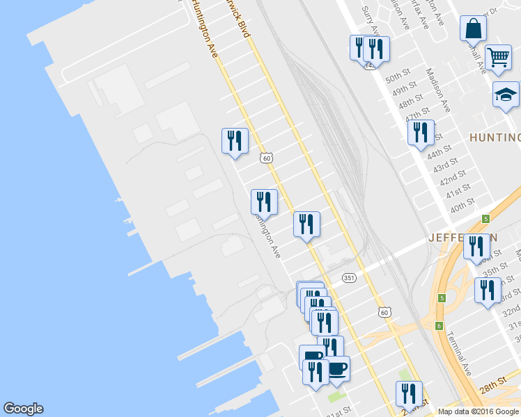 map of restaurants, bars, coffee shops, grocery stores, and more near 4600 Washington Avenue in Newport News