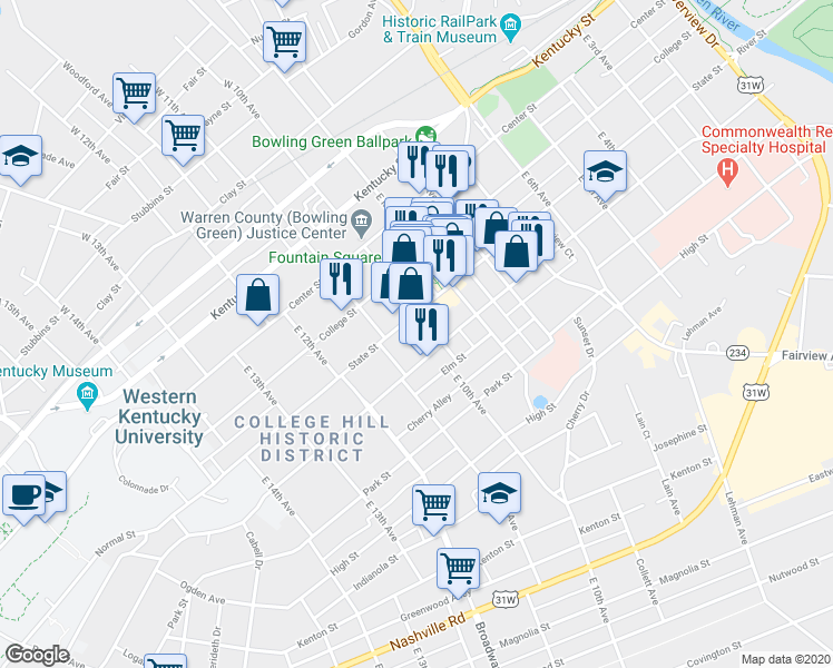 map of restaurants, bars, coffee shops, grocery stores, and more near 1010 State Street in Bowling Green