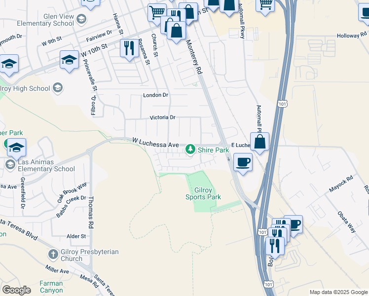 map of restaurants, bars, coffee shops, grocery stores, and more near 131 Lusitano Way in Gilroy
