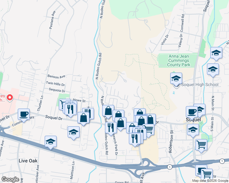 map of restaurants, bars, coffee shops, grocery stores, and more near 280 Whispering Palms Dr in Soquel