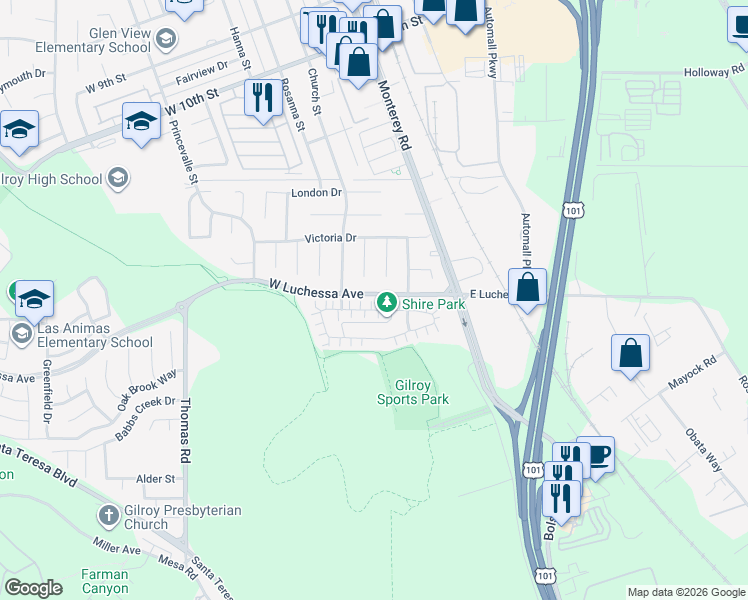 map of restaurants, bars, coffee shops, grocery stores, and more near 131 Lusitano Way in Gilroy