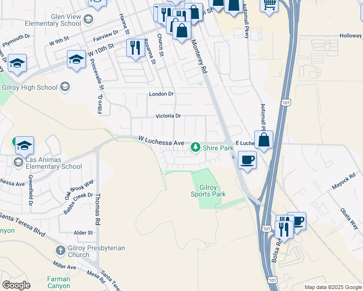map of restaurants, bars, coffee shops, grocery stores, and more near 149 Lusitano Way in Gilroy