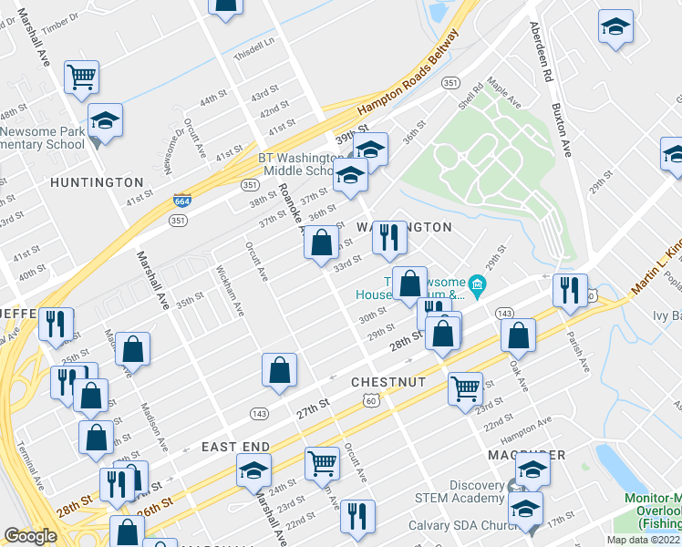 map of restaurants, bars, coffee shops, grocery stores, and more near 1112 33rd Street in Newport News