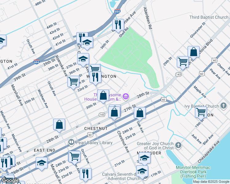 map of restaurants, bars, coffee shops, grocery stores, and more near 1247 30th Street in Newport News