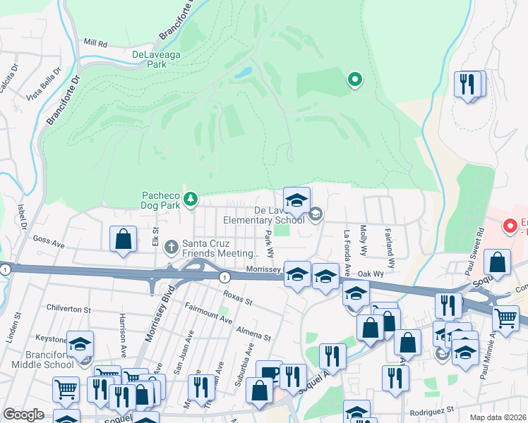 map of restaurants, bars, coffee shops, grocery stores, and more near 516 Prospect Heights in Santa Cruz
