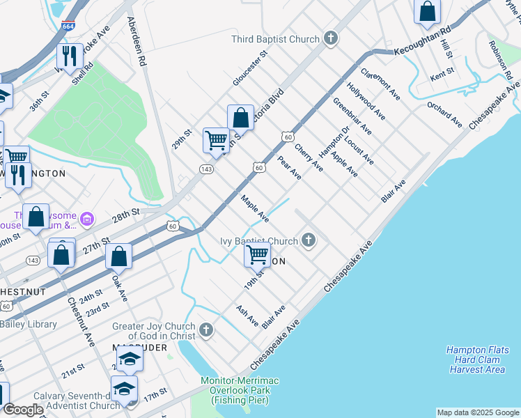 map of restaurants, bars, coffee shops, grocery stores, and more near 208 Maple Avenue in Newport News