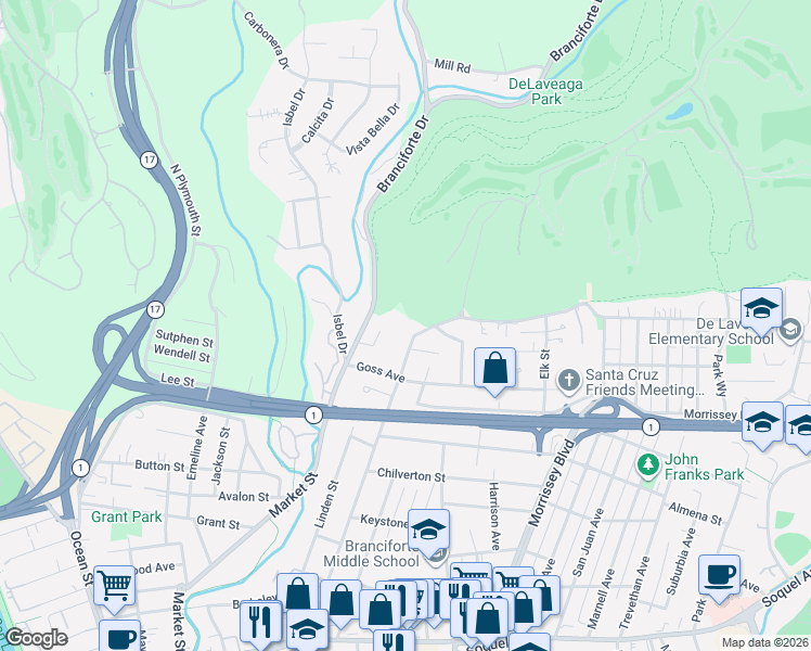 map of restaurants, bars, coffee shops, grocery stores, and more near 1445 North Branciforte Avenue in Santa Cruz