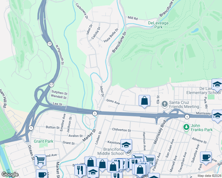 map of restaurants, bars, coffee shops, grocery stores, and more near 149 Grunewald Court in Santa Cruz