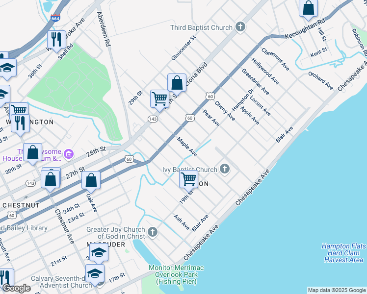 map of restaurants, bars, coffee shops, grocery stores, and more near 215 Maple Avenue in Newport News