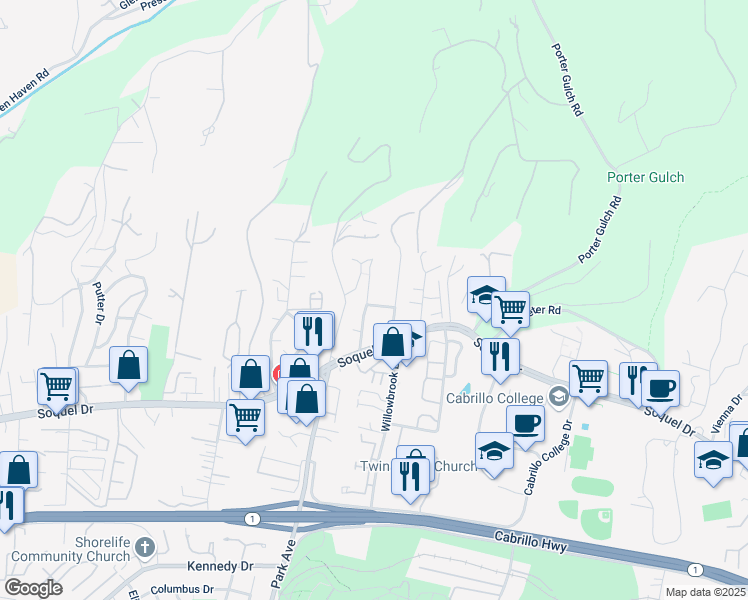map of restaurants, bars, coffee shops, grocery stores, and more near 3100 McGlenn Drive in Aptos
