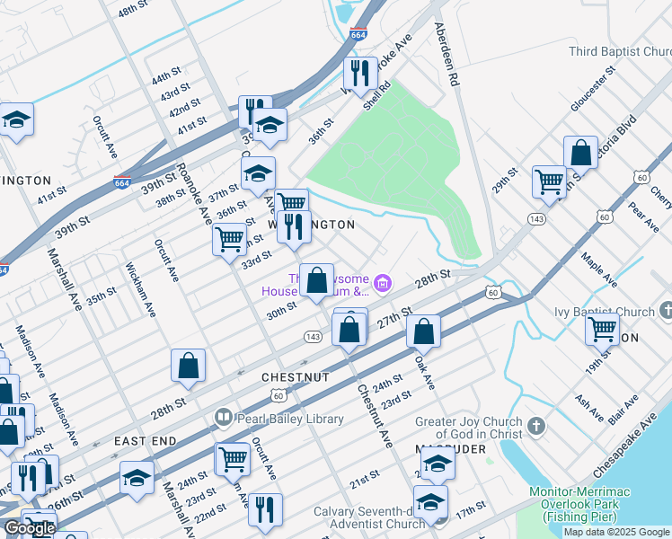 map of restaurants, bars, coffee shops, grocery stores, and more near 1236 31st Street in Newport News