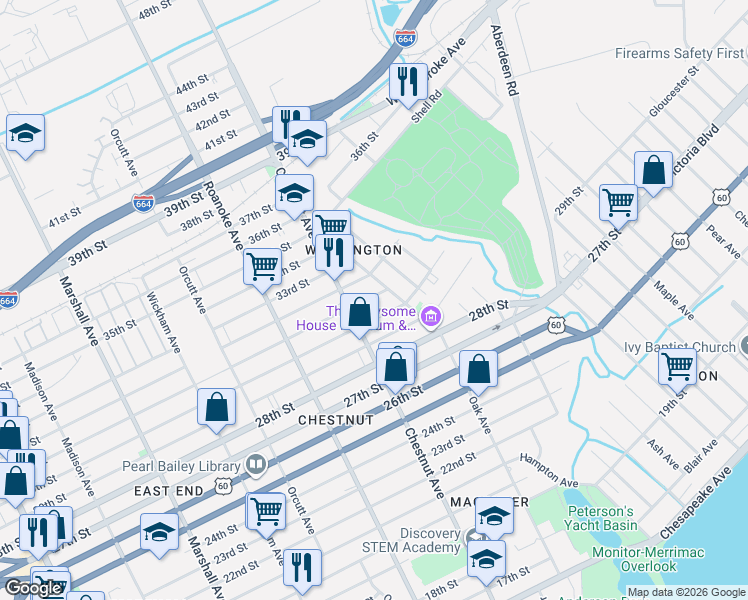 map of restaurants, bars, coffee shops, grocery stores, and more near 1238 31st Street in Newport News