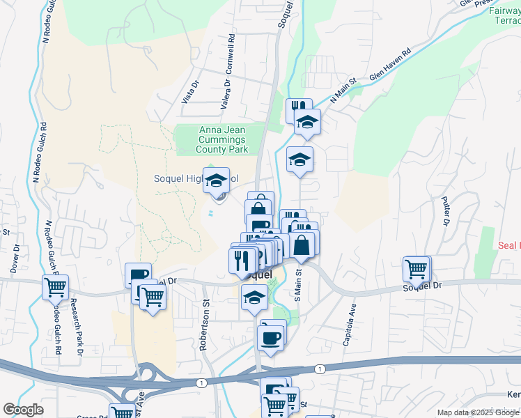 map of restaurants, bars, coffee shops, grocery stores, and more near 3255 Oneill Court in Soquel