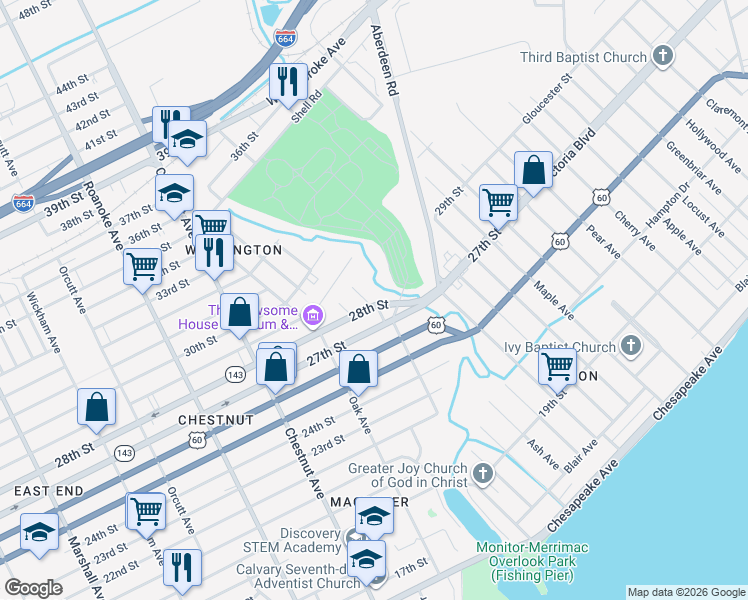 map of restaurants, bars, coffee shops, grocery stores, and more near 2800 Parish Avenue in Newport News