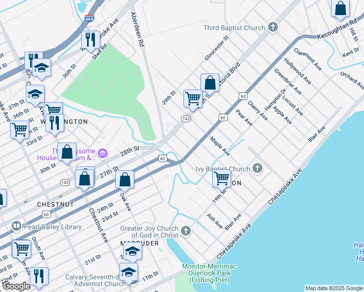 map of restaurants, bars, coffee shops, grocery stores, and more near 319 Sycamore Avenue in Newport News