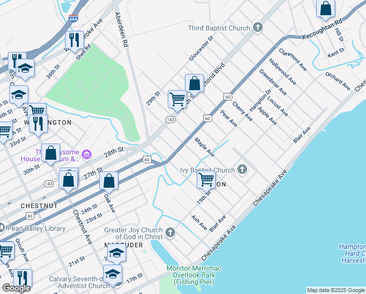 map of restaurants, bars, coffee shops, grocery stores, and more near 247 Poplar Avenue in Newport News