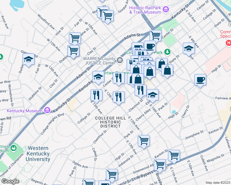 map of restaurants, bars, coffee shops, grocery stores, and more near 1162 College Street in Bowling Green