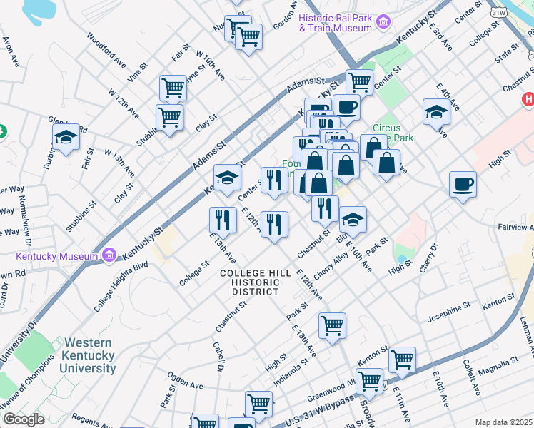 map of restaurants, bars, coffee shops, grocery stores, and more near 1162 College Street in Bowling Green