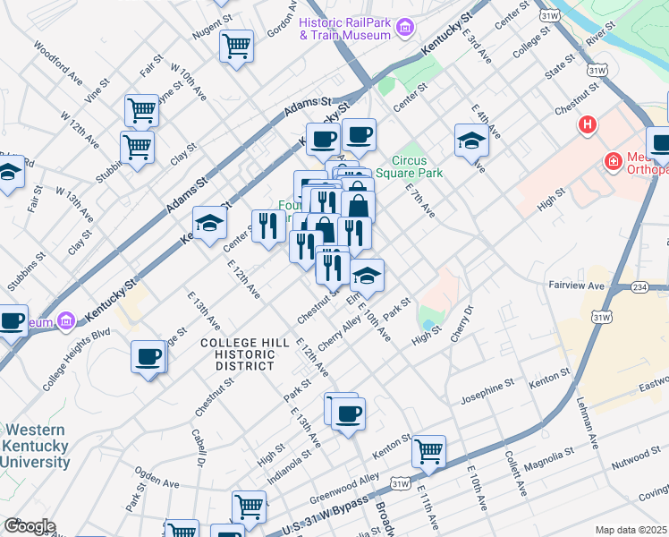 map of restaurants, bars, coffee shops, grocery stores, and more near 511 East 10th Avenue in Bowling Green