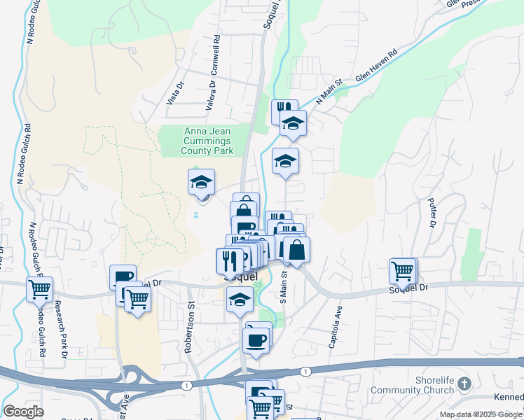 map of restaurants, bars, coffee shops, grocery stores, and more near 3300 Paper Mill Road in Soquel