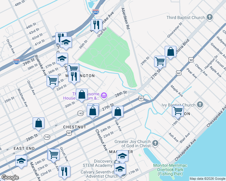 map of restaurants, bars, coffee shops, grocery stores, and more near 2822 Short Street in Newport News