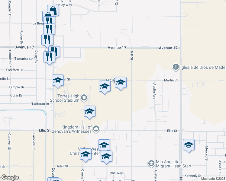 map of restaurants, bars, coffee shops, grocery stores, and more near 26490 Martin Street in Madera