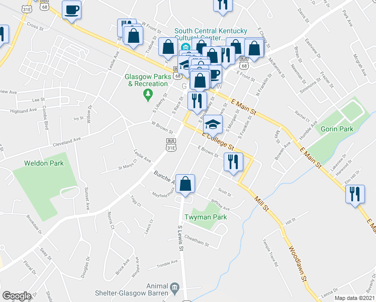 map of restaurants, bars, coffee shops, grocery stores, and more near 504 South Broadway in Glasgow