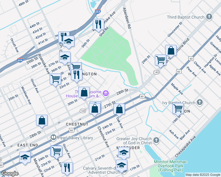 map of restaurants, bars, coffee shops, grocery stores, and more near 2812 Short Street in Newport News