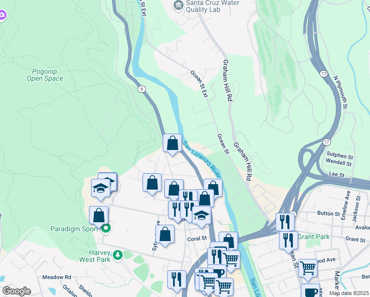 map of restaurants, bars, coffee shops, grocery stores, and more near 1348 River Street in Santa Cruz