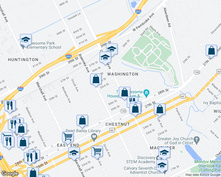 map of restaurants, bars, coffee shops, grocery stores, and more near 1139 32nd Street in Newport News
