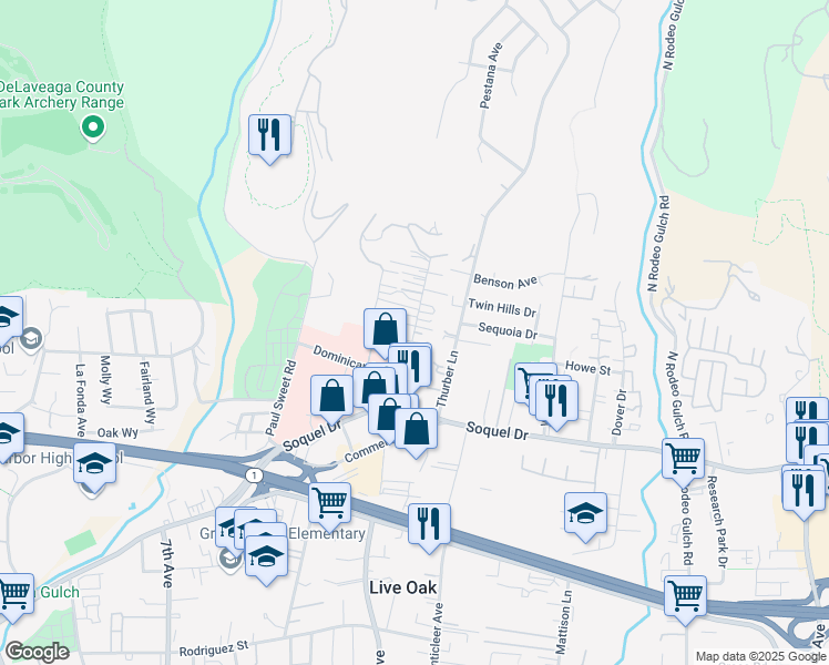 map of restaurants, bars, coffee shops, grocery stores, and more near Mission Drive in Live Oak