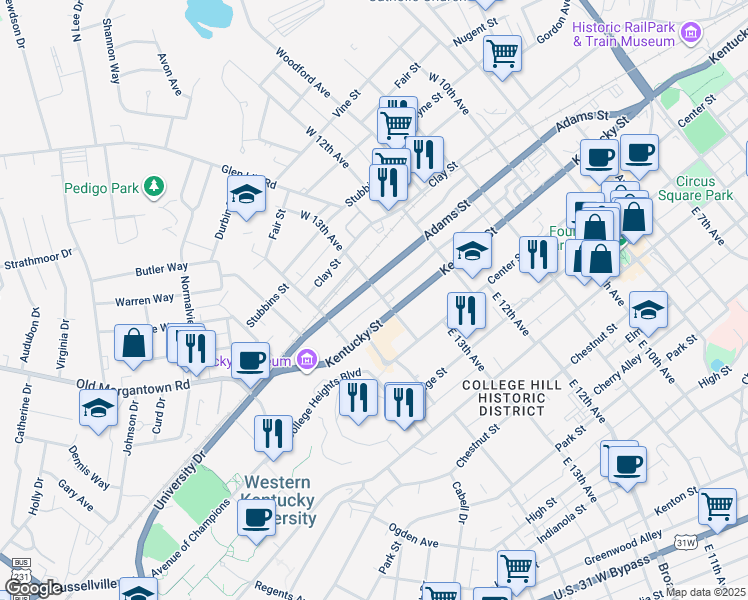 map of restaurants, bars, coffee shops, grocery stores, and more near 1328 Adams Street in Bowling Green