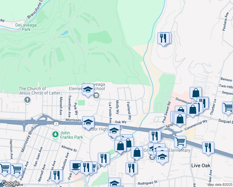 map of restaurants, bars, coffee shops, grocery stores, and more near 119 Camino Del Sol in Santa Cruz