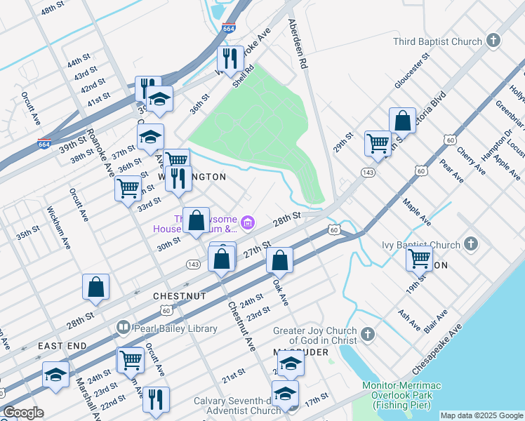 map of restaurants, bars, coffee shops, grocery stores, and more near 2812 Short Street in Newport News