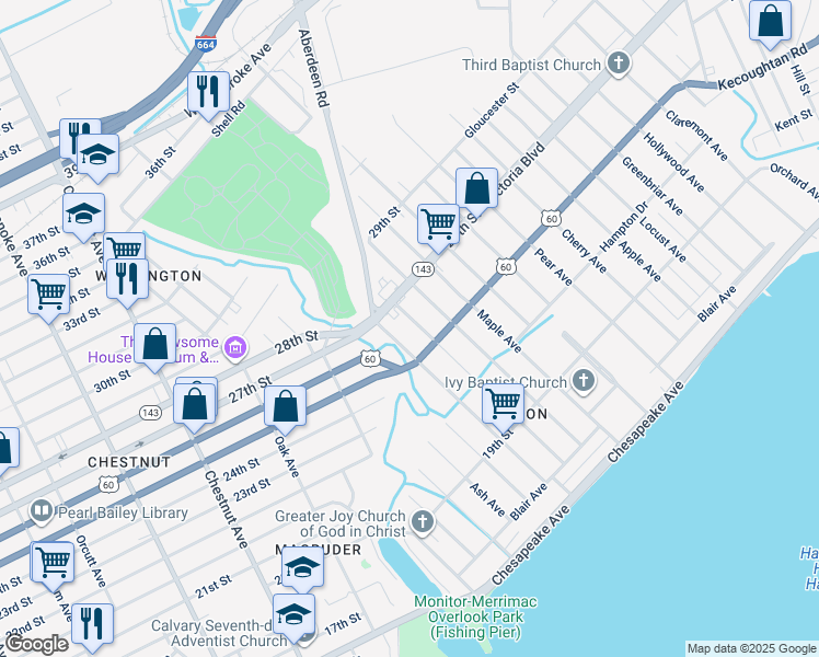 map of restaurants, bars, coffee shops, grocery stores, and more near 319 Sycamore Avenue in Newport News