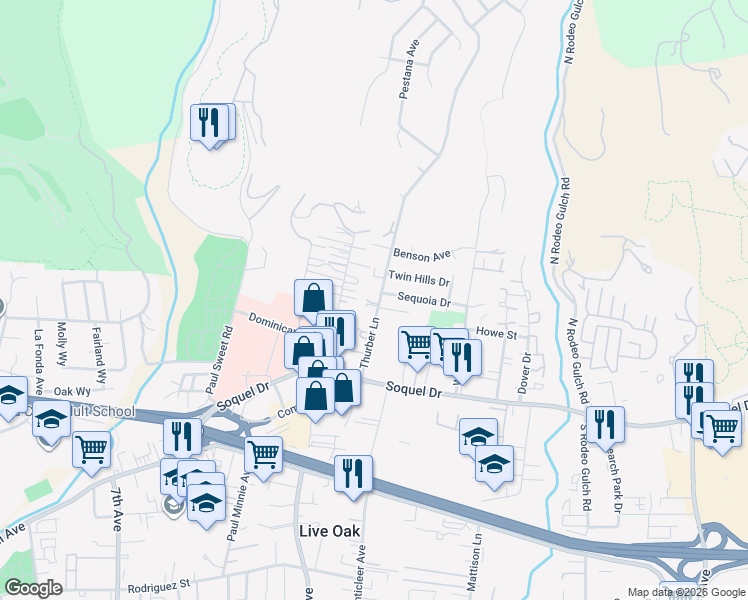 map of restaurants, bars, coffee shops, grocery stores, and more near 3185 Thurber Lane in Santa Cruz