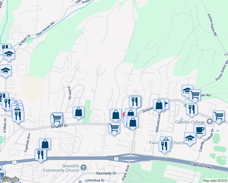 map of restaurants, bars, coffee shops, grocery stores, and more near 3382 Ashwood Way in Soquel