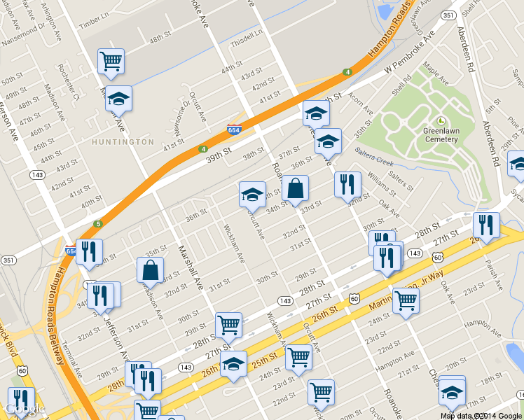 map of restaurants, bars, coffee shops, grocery stores, and more near 1011 34th Street in Newport News
