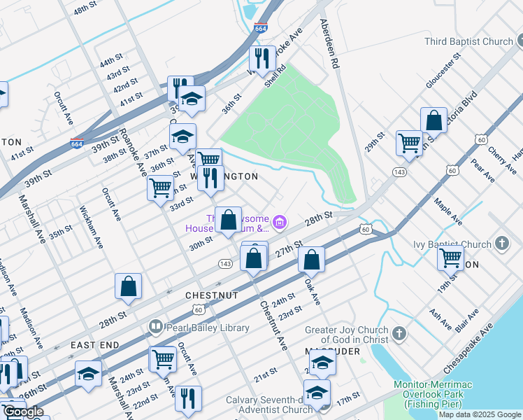 map of restaurants, bars, coffee shops, grocery stores, and more near 3000 Oak Avenue in Newport News