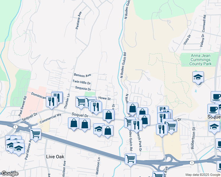 map of restaurants, bars, coffee shops, grocery stores, and more near 2606 Mallory Lane in Santa Cruz