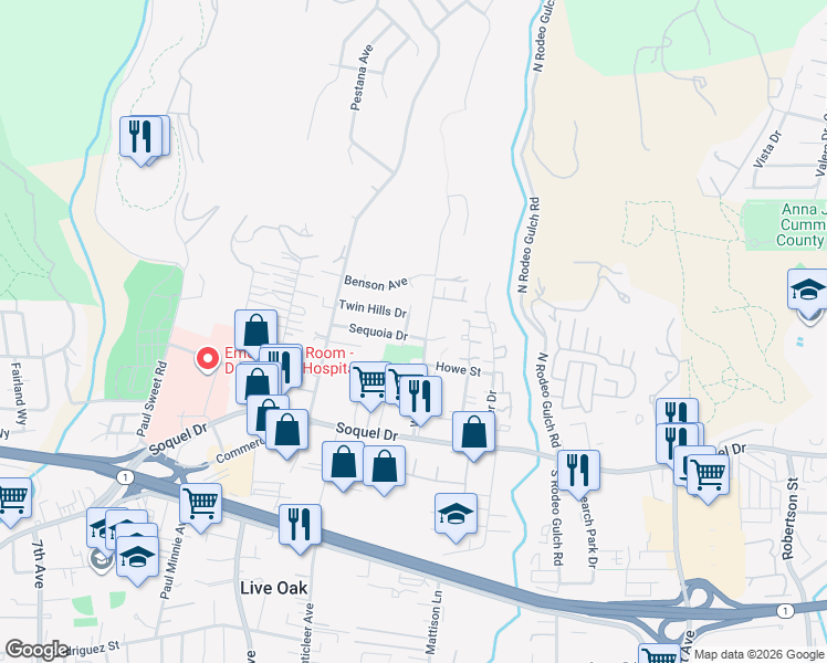 map of restaurants, bars, coffee shops, grocery stores, and more near 2255 Sequoia Drive in Santa Cruz