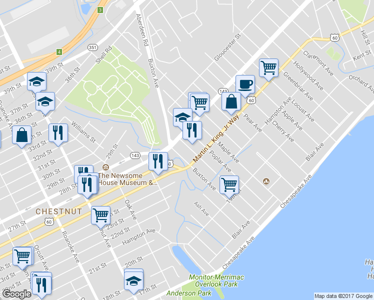map of restaurants, bars, coffee shops, grocery stores, and more near 319 Sycamore Avenue in Newport News