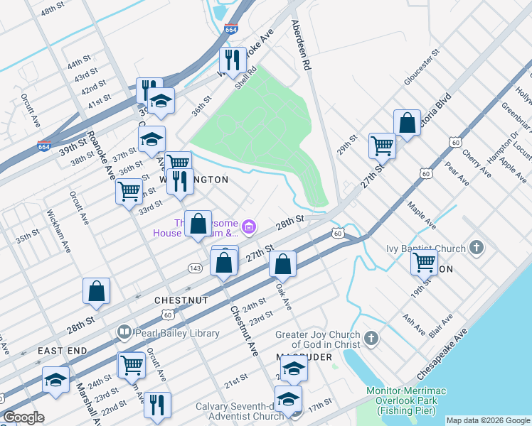 map of restaurants, bars, coffee shops, grocery stores, and more near 2812 Short Street in Newport News